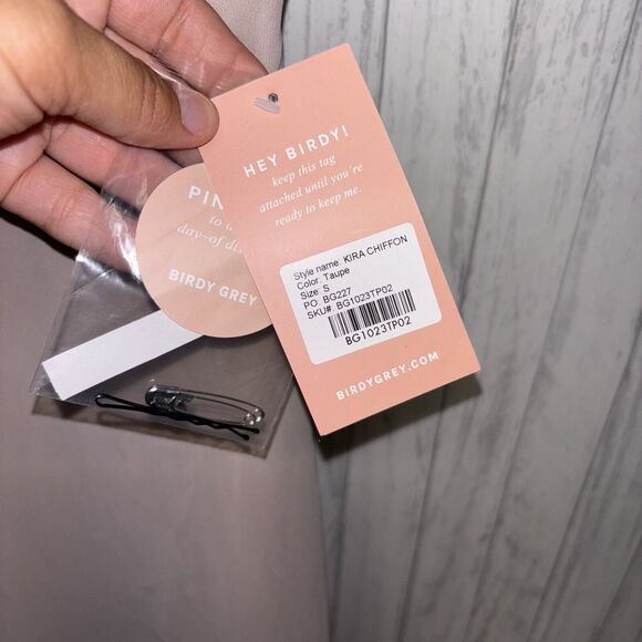 Womens Size S Birdy Grey Kira Chiffon Taupe Bridesmaid Dress NWT - Picture 6 of 10